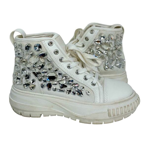 Azalea Wang High Top Rhinestone Embellished Canvas Sneaker Trainer Shoe - WHITE - Picture 1 of 7